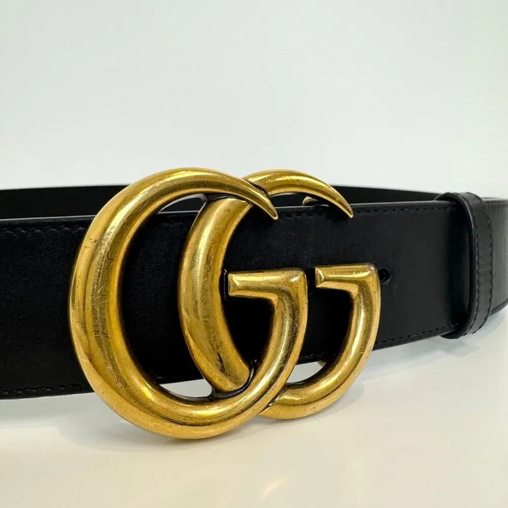 GUCCI Black Leather Gold GG Belt Marmont Wide With Box Size 85 34